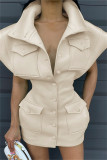 Pink Sexy Casual Solid Patchwork Turndown Collar Short Sleeve Dress