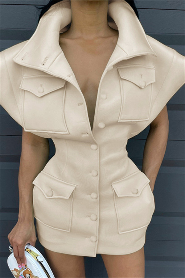 Apricot Sexy Casual Solid Patchwork Turndown Collar Short Sleeve Dress