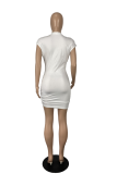 White Sexy Solid Patchwork V Neck Irregular Dress Dresses