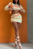 Colour Sexy Print Patchwork O Neck Long Sleeve Two Pieces