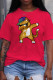 Red Fashion Street Character Patchwork O Neck T-Shirts