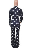 Black Casual Print Polka Dot Split Joint Buttons Turn-back Collar Long Sleeve Two Pieces