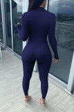 Colorful Blue Casual Solid Patchwork Zipper Regular Jumpsuits