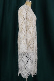 White Sexy Solid Hollowed Out Split Joint Buckle Flounce O Neck A Line Dresses