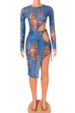 Blue Sexy Print Hollowed Out Patchwork Frenulum See-through Asymmetrical O Neck Long Sleeve Two Pieces