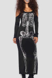 Black Street Punk Print Skull Patchwork U Neck Straight Dresses
