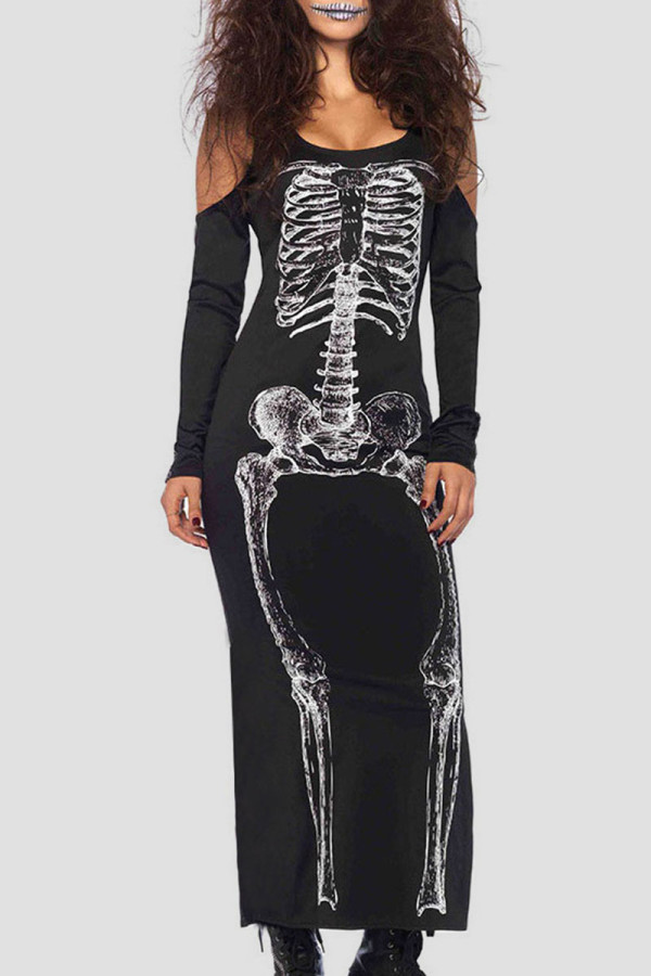 Black Street Punk Print Skull Patchwork U Neck Straight Dresses