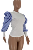 White Casual Striped Print Patchwork Fold O Neck Tops