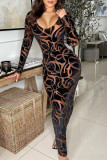 Black Sexy Print Patchwork U Neck One Step Skirt Dresses