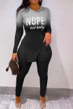 Black Casual Print Slit Letter O Neck Long Sleeve Two Pieces