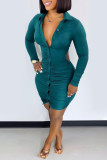 Green Sexy Solid Hollowed Out Patchwork Buckle Fold Turndown Collar One Step Skirt Dresses