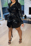 Black Sexy Solid Bandage Turndown Collar Waist Skirt Dresses