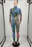 Multicolor Casual Street Print Patchwork Half A Turtleneck Skinny Jumpsuits