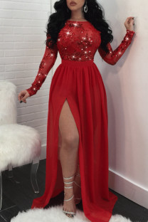 Red Sexy Patchwork Sequins See-through Slit O Neck Long Sleeve Dresses