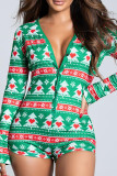 Green Fashion Living Print Patchwork V Neck Long Sleeve Skinny Romper