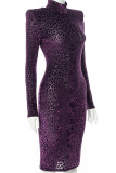 Purple Fashion Leopard Basic Turtleneck Long Sleeve Dresses