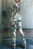 Green Sexy Print Patchwork O Neck Regular Jumpsuits