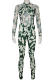 Green Sexy Print Patchwork O Neck Regular Jumpsuits