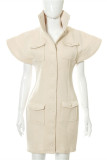 Pink Sexy Casual Solid Patchwork Turndown Collar Short Sleeve Dress