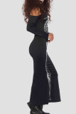 Black Street Punk Print Skull Patchwork U Neck Straight Dresses