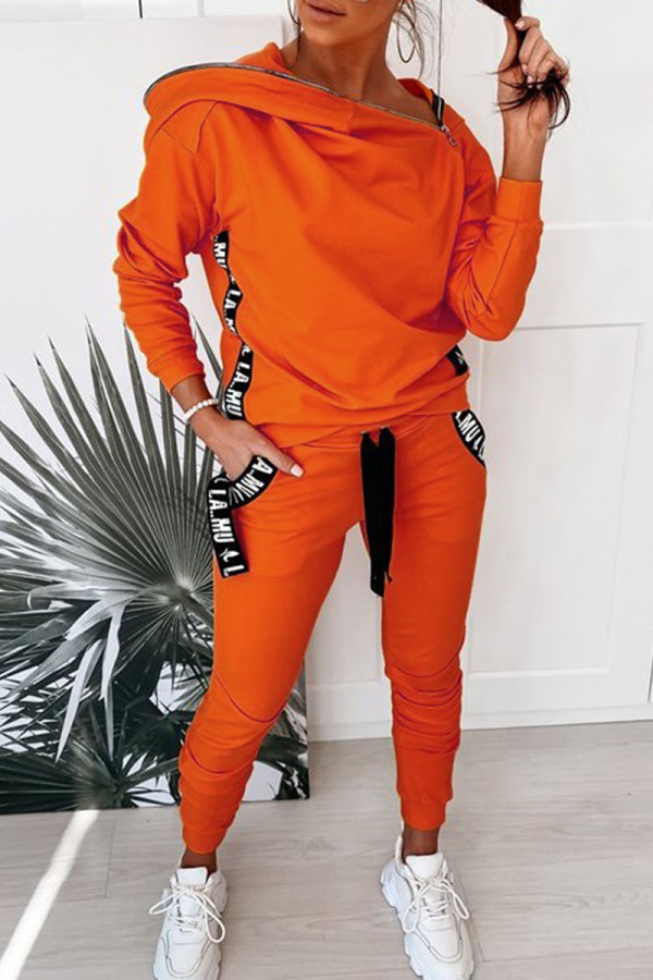 Orange Fashion Casual Patchwork Zipper Hooded Collar Long Sleeve Two Pieces
