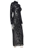 Black Sexy Print Patchwork See-through Slit Half A Turtleneck One Step Skirt Dresses