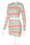 Colour Sexy Print Patchwork O Neck Long Sleeve Two Pieces