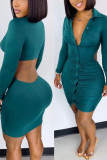 Green Sexy Solid Hollowed Out Patchwork Buckle Fold Turndown Collar One Step Skirt Dresses