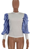 White Casual Striped Print Patchwork Fold O Neck Tops