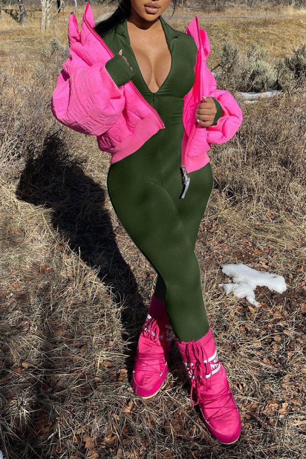 Army Green Casual Solid Patchwork Zipper Regular Jumpsuits