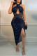 Deep Blue Sexy Solid Hollowed Out Patchwork Asymmetrical Sequins Halter One Step Skirt Dresses