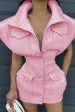 Pink Sexy Casual Solid Patchwork Turndown Collar Short Sleeve Dress