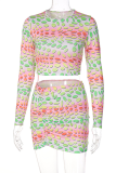 Colour Sexy Print Patchwork O Neck Long Sleeve Two Pieces