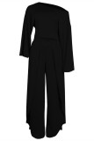Black Fashion Casual Solid Slit Oblique Collar Long Sleeve Two Pieces