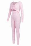 Pink Fashion Casual Adult Solid Knotted V Neck Long Sleeve Regular Sleeve Short Two Pieces
