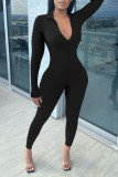 Colorful Blue Casual Solid Patchwork Zipper Regular Jumpsuits