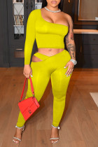 Yellow Sexy Solid Hollowed Out Split Joint Asymmetrical Oblique Collar Long Sleeve Two Pieces