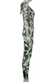 Green Sexy Print Patchwork O Neck Regular Jumpsuits