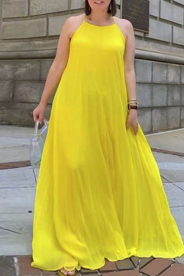 Yellow Sexy Casual Solid Backless Spaghetti Strap Long Dress
