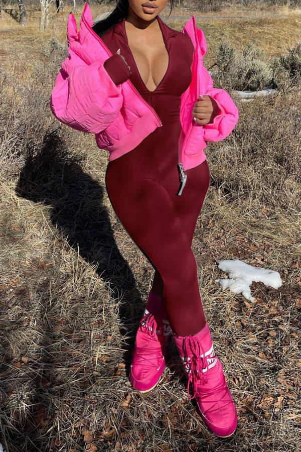 Burgundy Casual Solid Patchwork Zipper Regular Jumpsuits