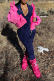 Colorful Blue Casual Solid Patchwork Zipper Regular Jumpsuits