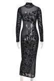 Black Sexy Print Patchwork See-through Slit Half A Turtleneck One Step Skirt Dresses