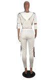 White Fashion Casual Patchwork Ripped Hooded Collar Three Quarter Two Pieces