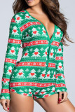 Green Fashion Living Print Patchwork V Neck Long Sleeve Skinny Romper