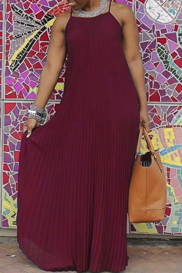 Red Sexy Casual Solid Backless Spaghetti Strap Long Dress