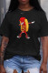 Black Casual Cute Character Patchwork O Neck T-Shirts