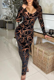 Black Sexy Print Patchwork U Neck One Step Skirt Dresses