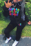 Black Fashion Casual Letter Print Basic Hooded Collar Long Sleeve Two Pieces