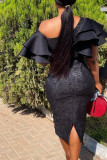 White Elegant Solid Patchwork Flounce Oblique Collar Pencil Skirt Dresses
