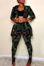Camouflage Fashion Casual Print Cardigan Pants Turndown Collar Long Sleeve Two Pieces